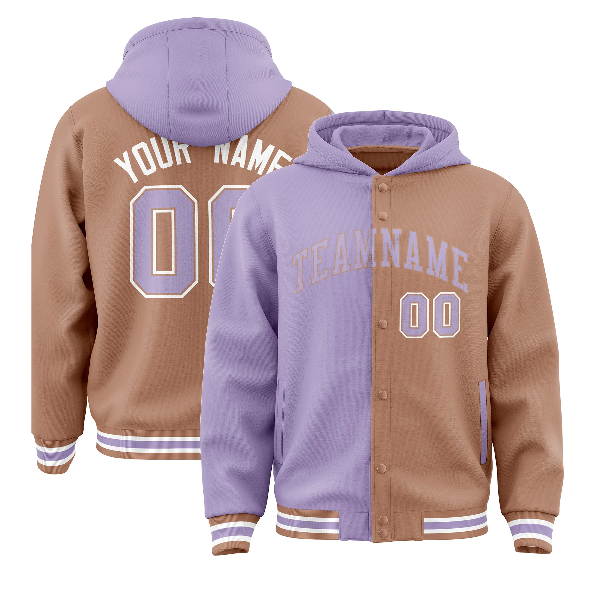 Custom Light Purple Brown Split Fashion Varsity Full-Snap Letterman Two Tone Hoodie Jacket