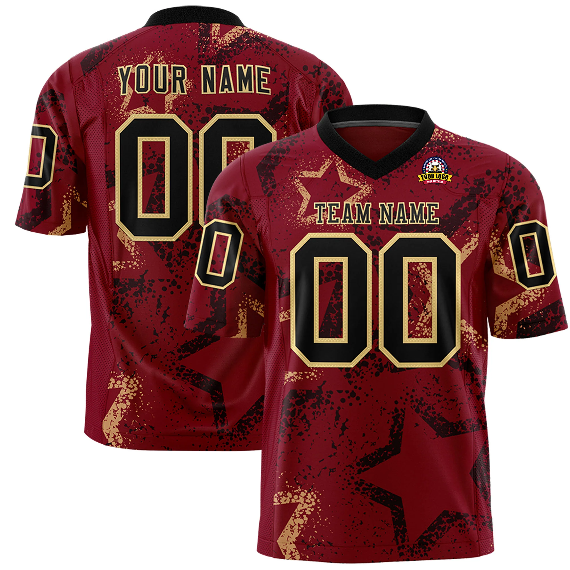 Custom Crimson Black-Khaki Mesh Star Football Jersey