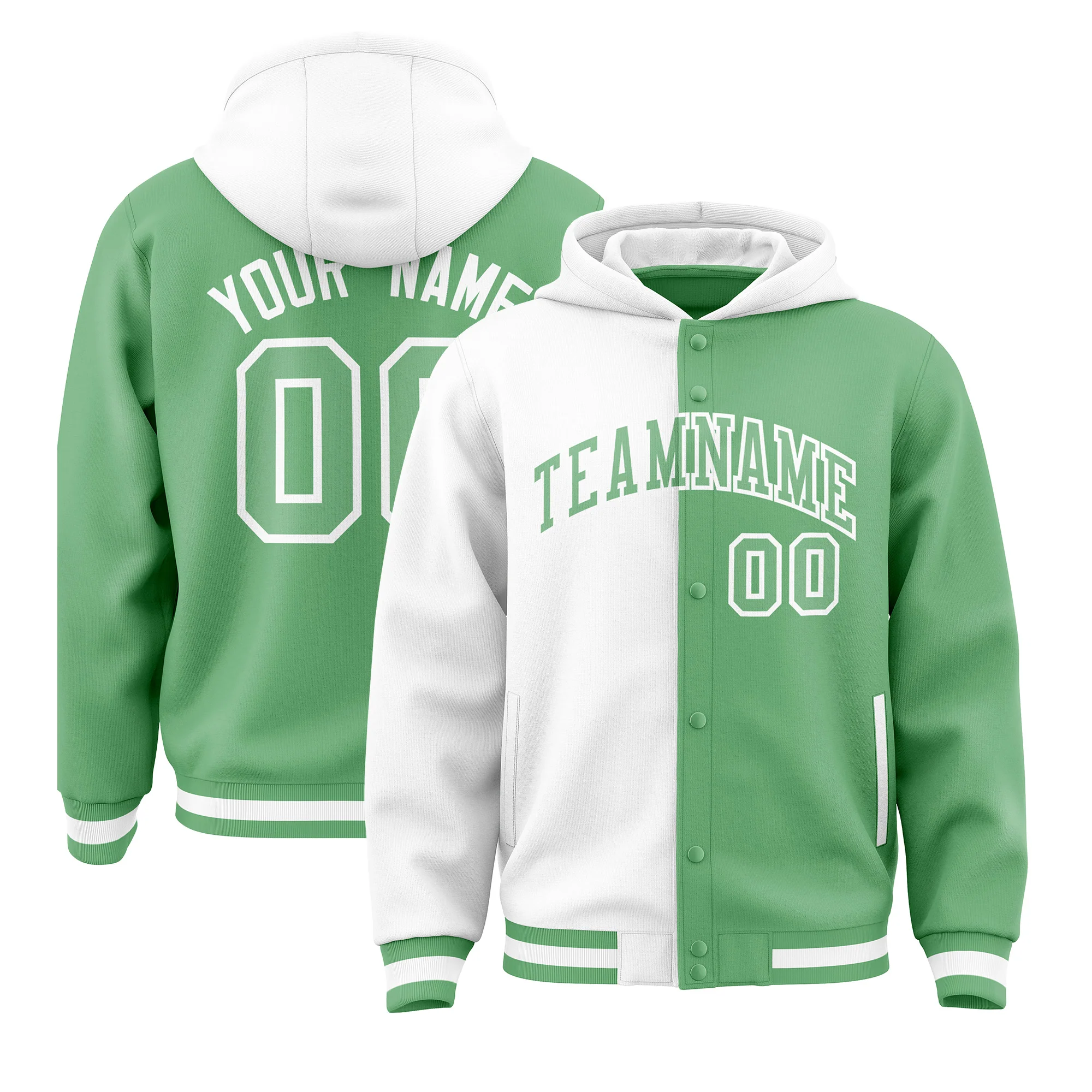 Custom White Bright Green Split Fashion Varsity Full-Snap Letterman Two Tone Hoodie Jacket