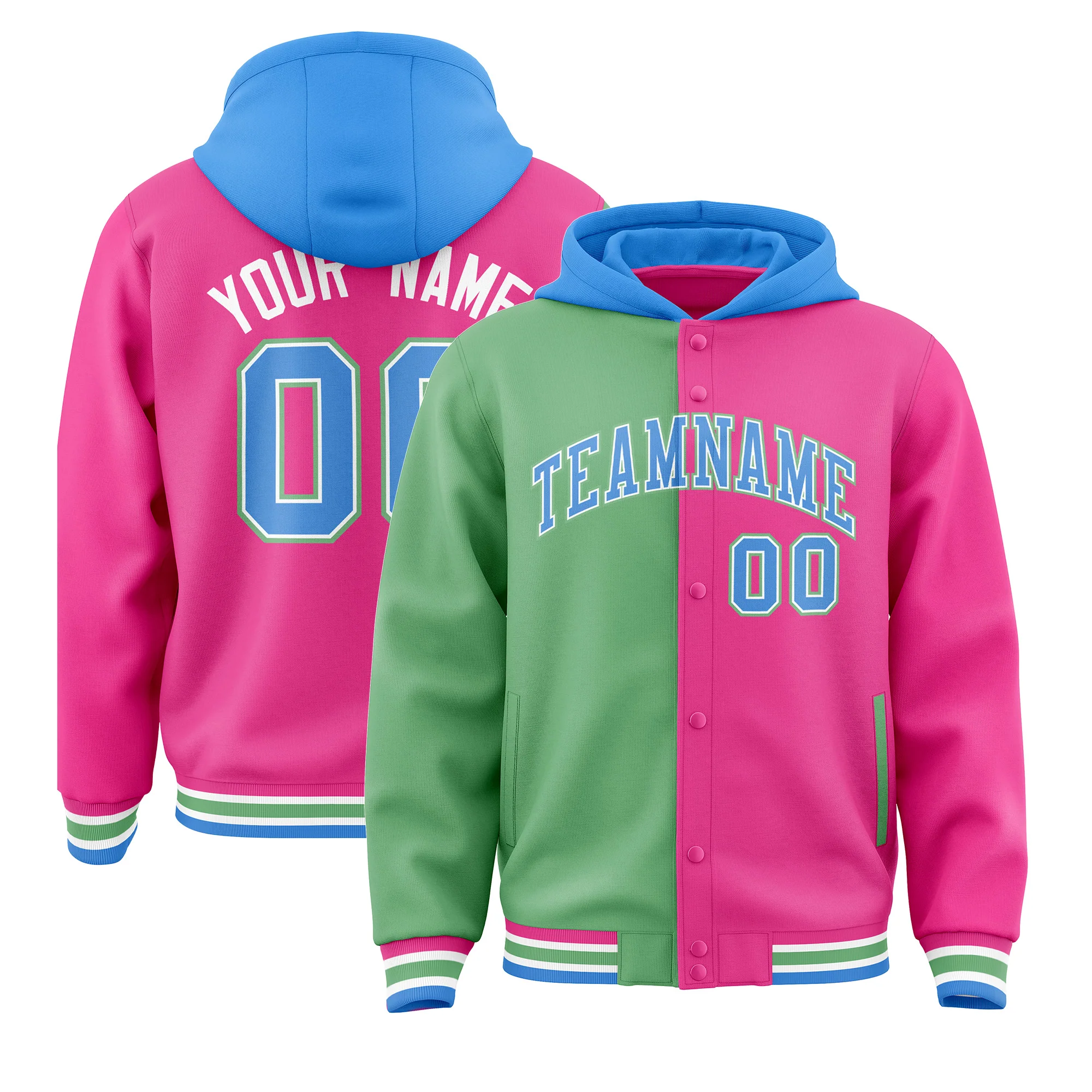 Custom  Green Pink Split Fashion Varsity Full-Snap Letterman Two Tone Hoodie Jacket