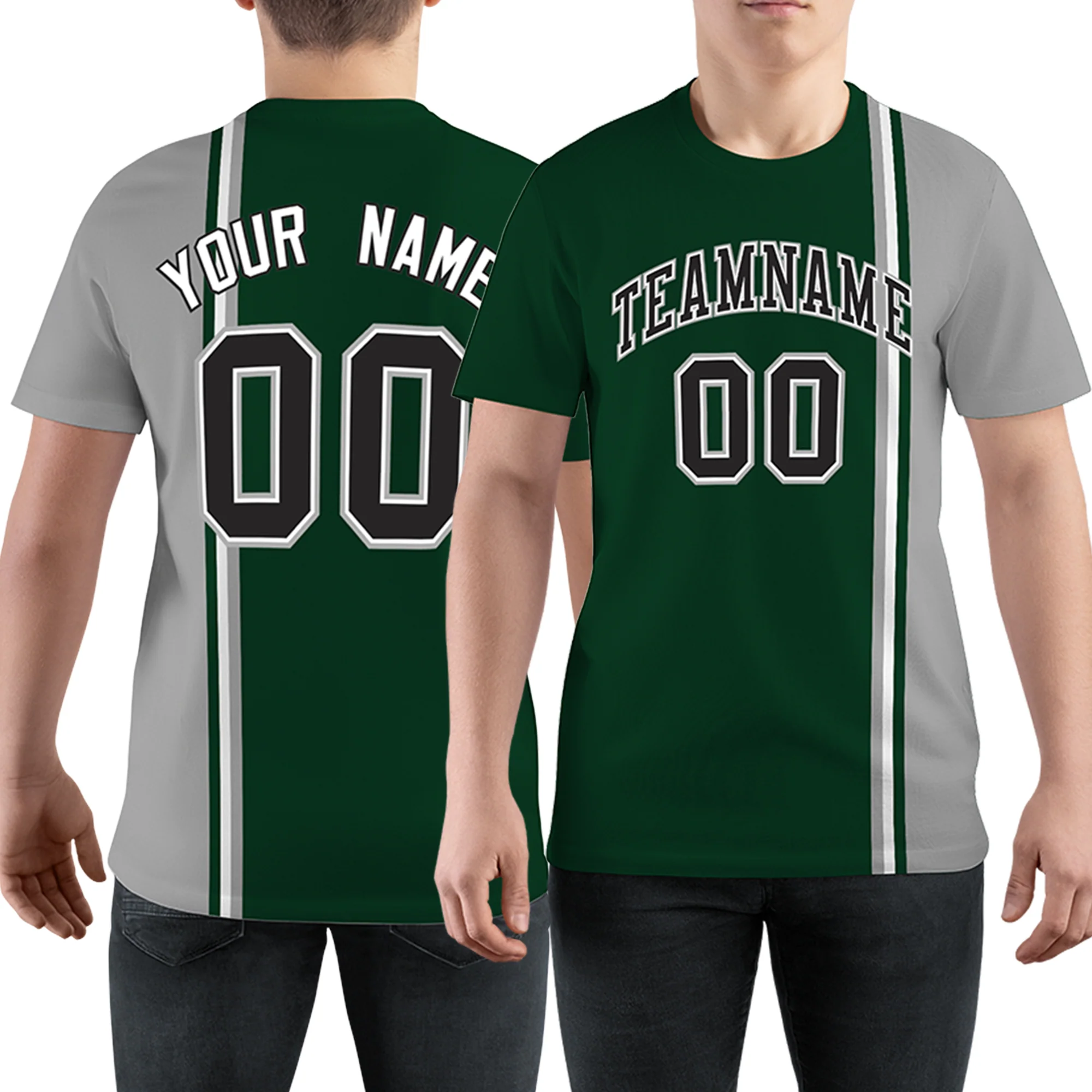 Custom Green Gray-White-Gray Crew neck Color Contrast Design T-Shirts