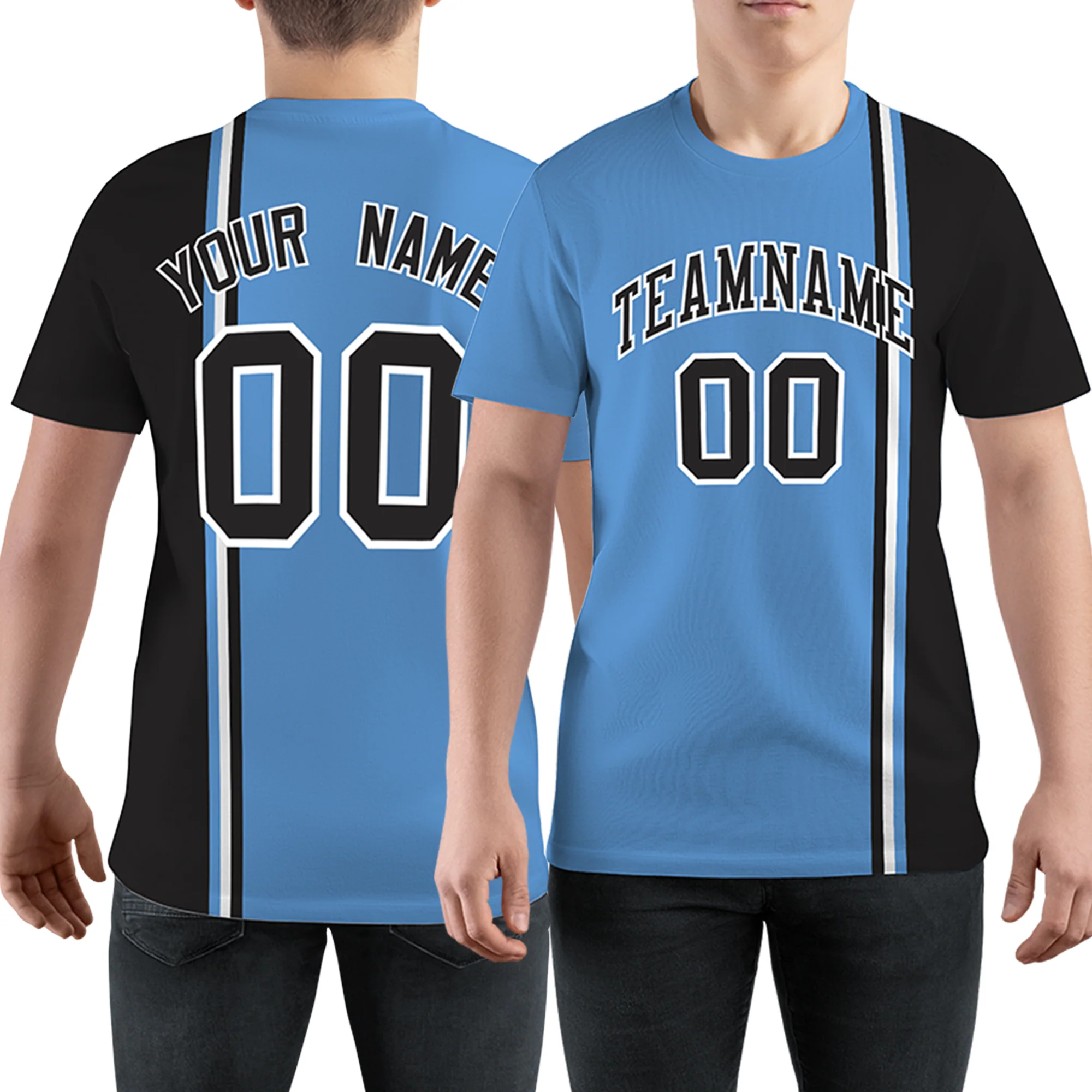 Custom Light Blue Black-White-Black Crew neck Color Contrast Design T-Shirts