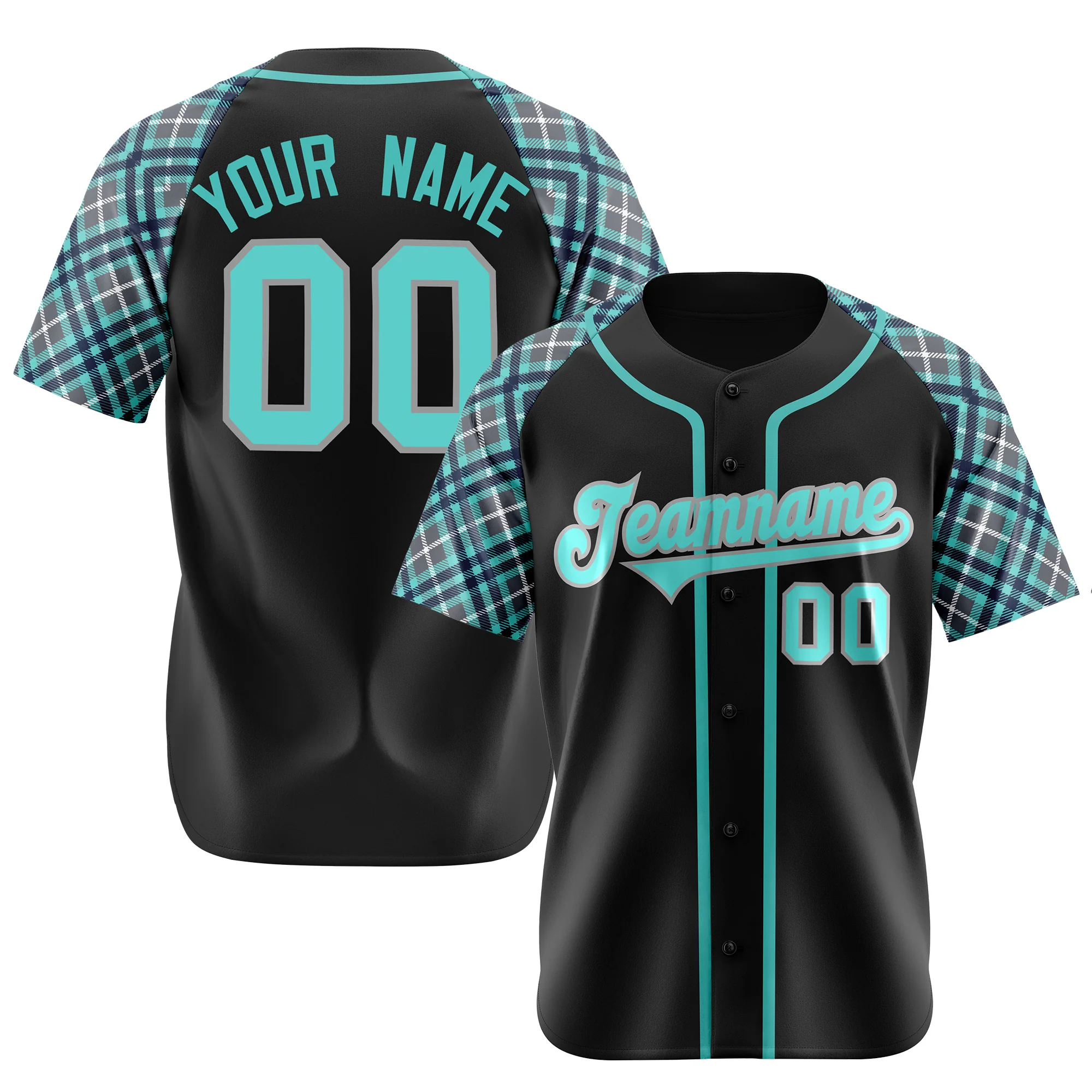 Custom Black Bright Green Authentic Plaid sleeve Baseball Jersey