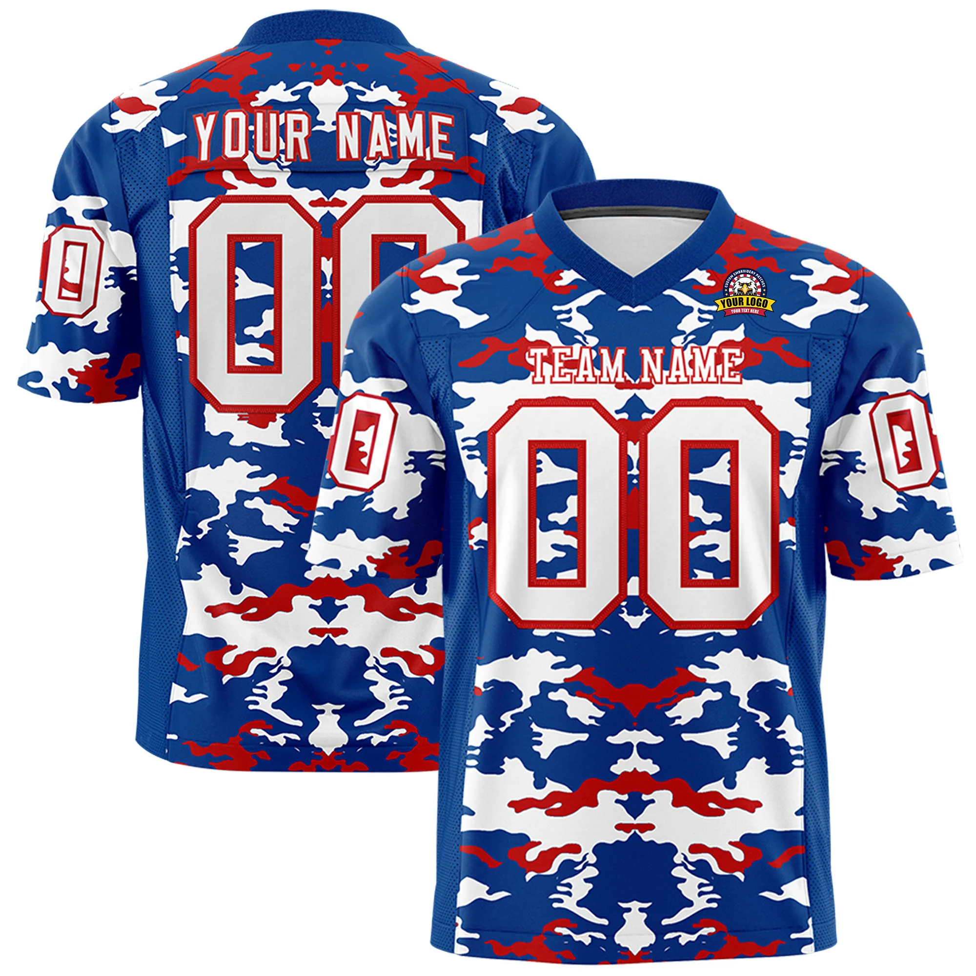 Custom Blue White-Red Mesh Camo Football Jersey